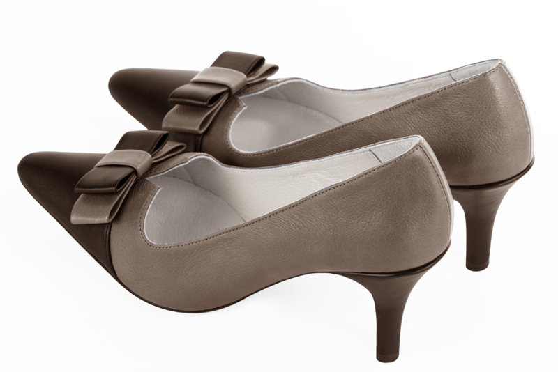 Dark brown and bronze beige women's dress pumps, with a knot on the front. Tapered toe. High slim heel. Rear view - Florence KOOIJMAN
